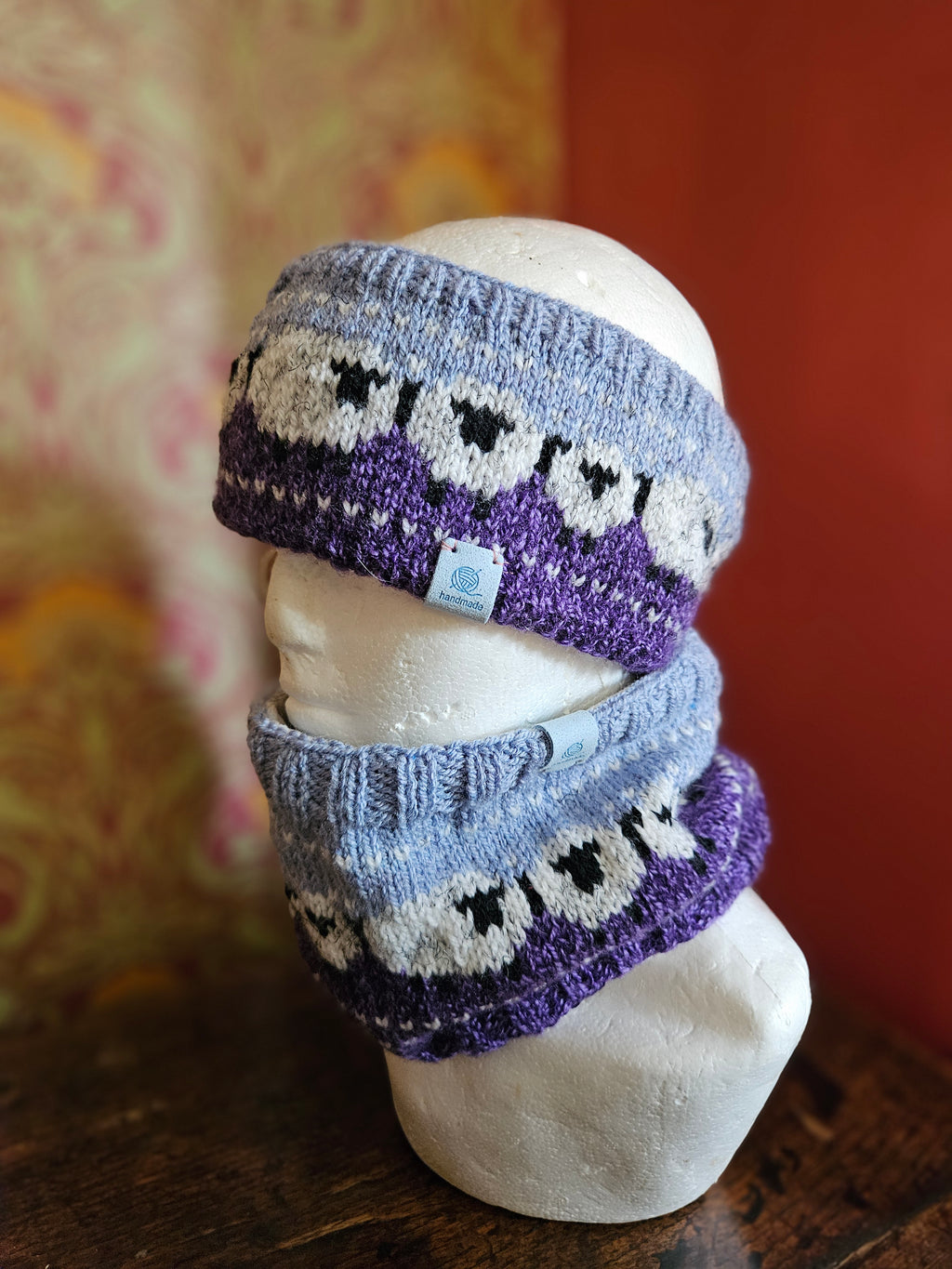 Earwarmer and cowl set with sheep design in plum and sky blue