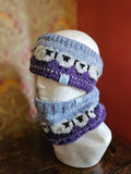 Earwarmer and cowl set with sheep design in plum and sky blue