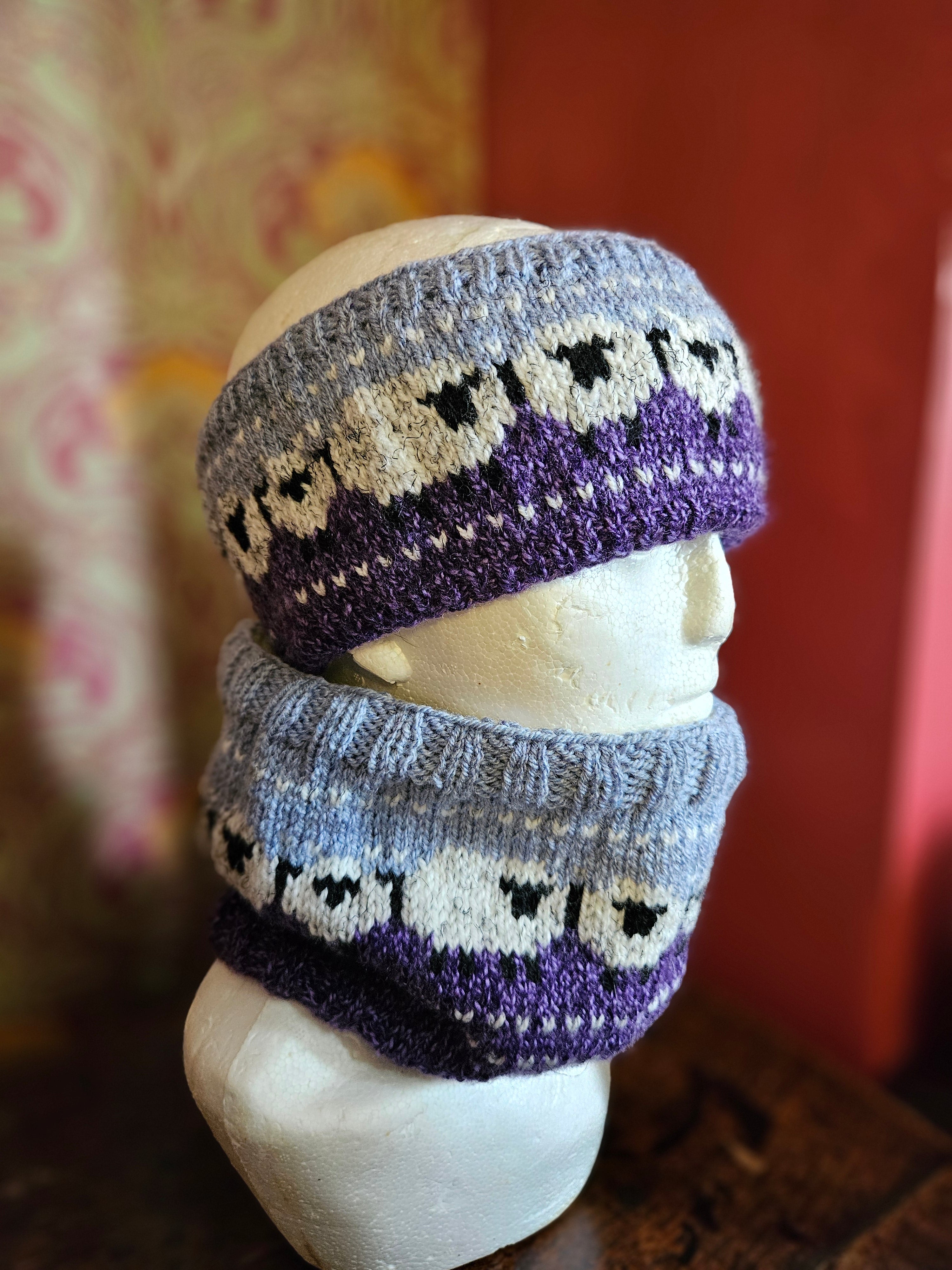 Earwarmer and cowl set with sheep design in plum and sky blue