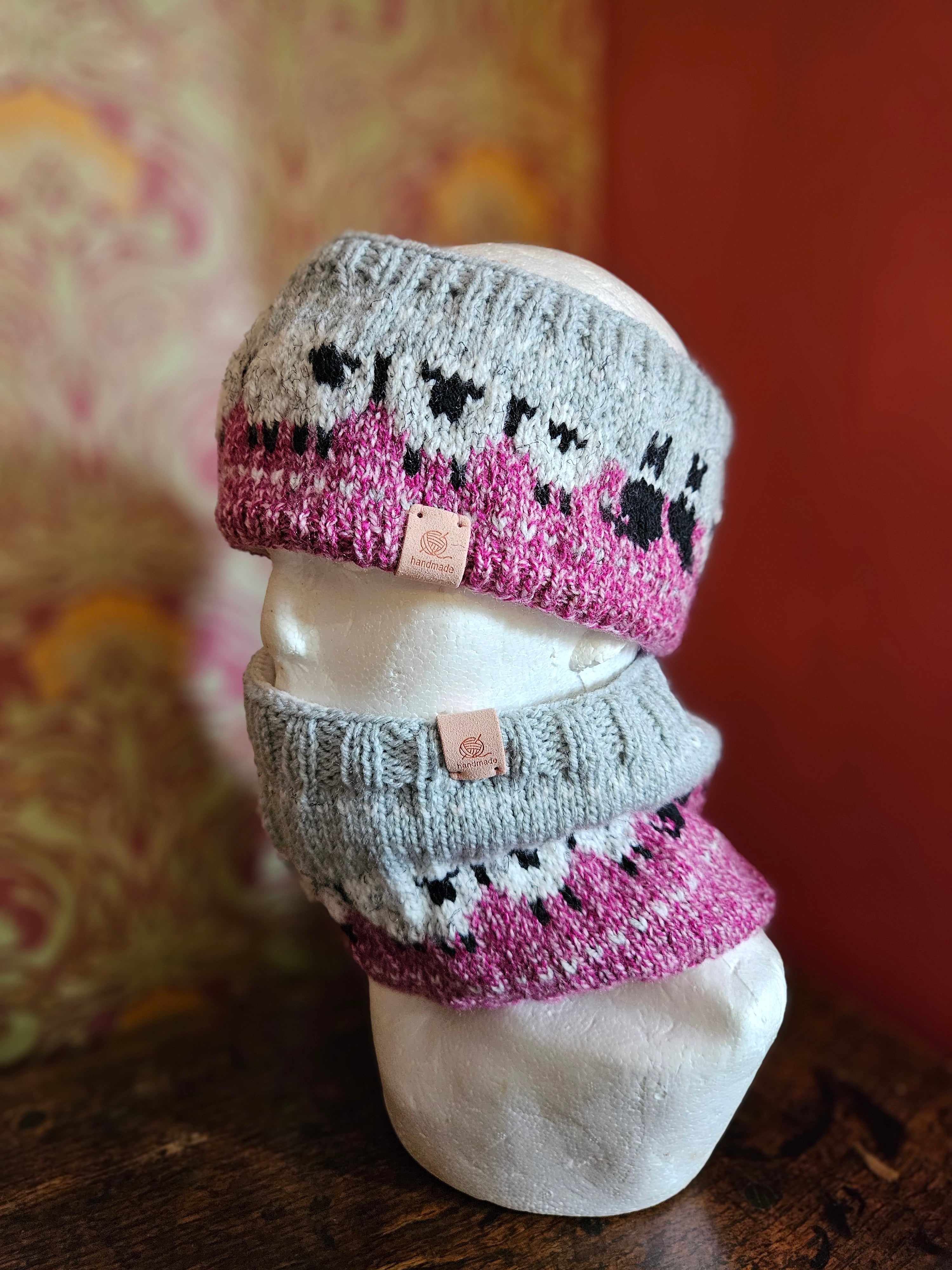 Earwarmer and cowl set with sheep and collie design.