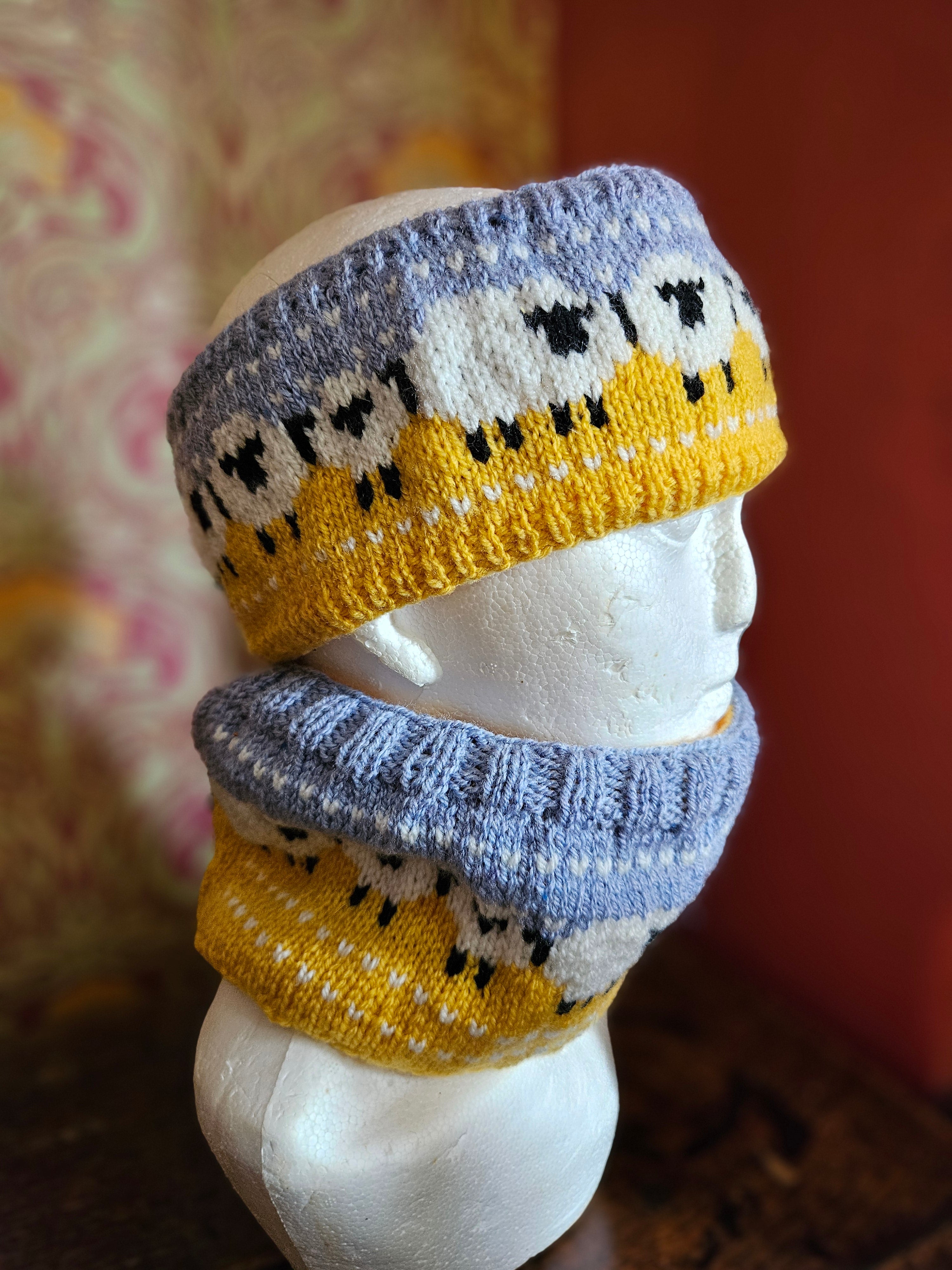 Earwarmer and cowl set with sheep design.