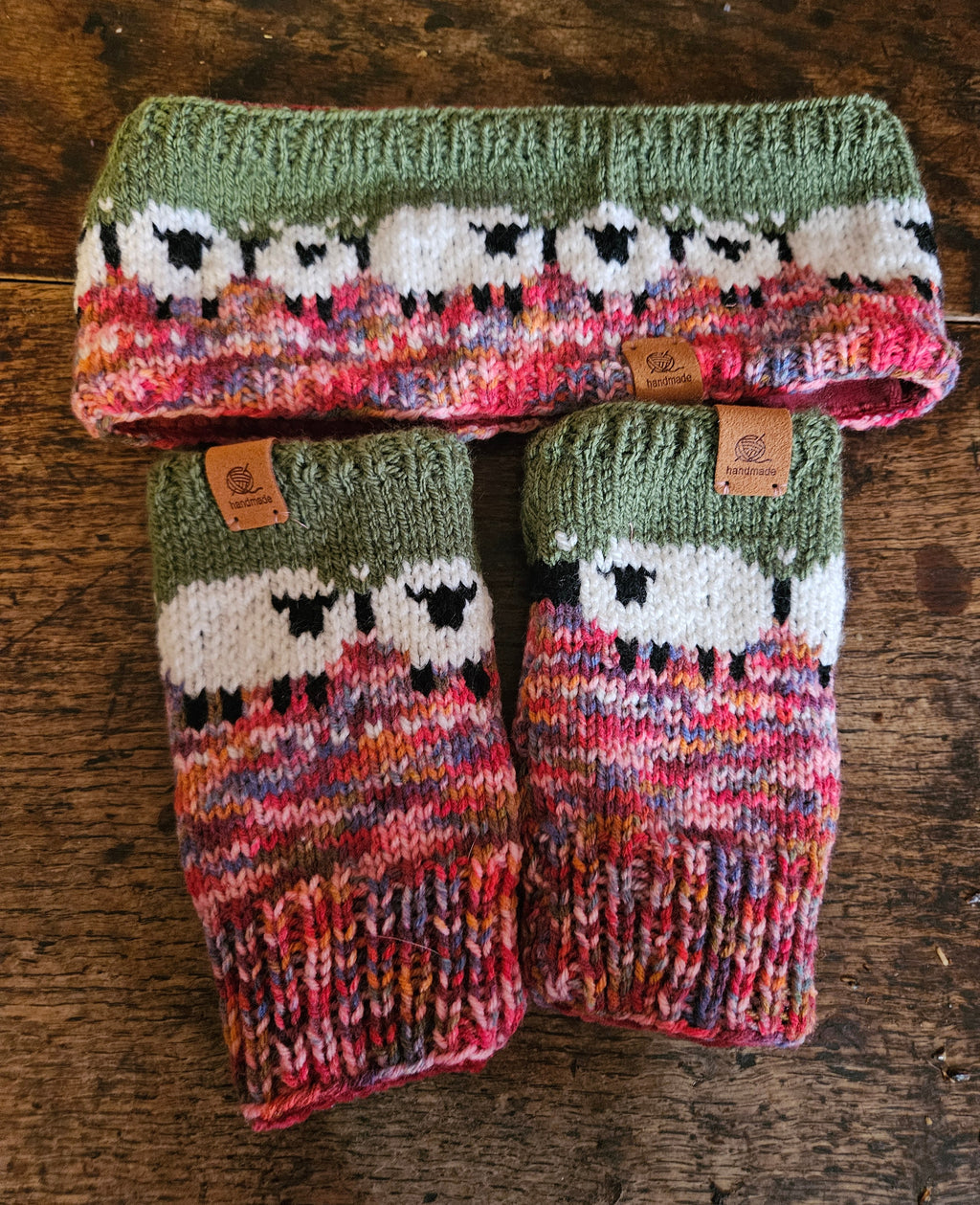 Earwarmer and wrist warmer set with sheep design. Fully lined