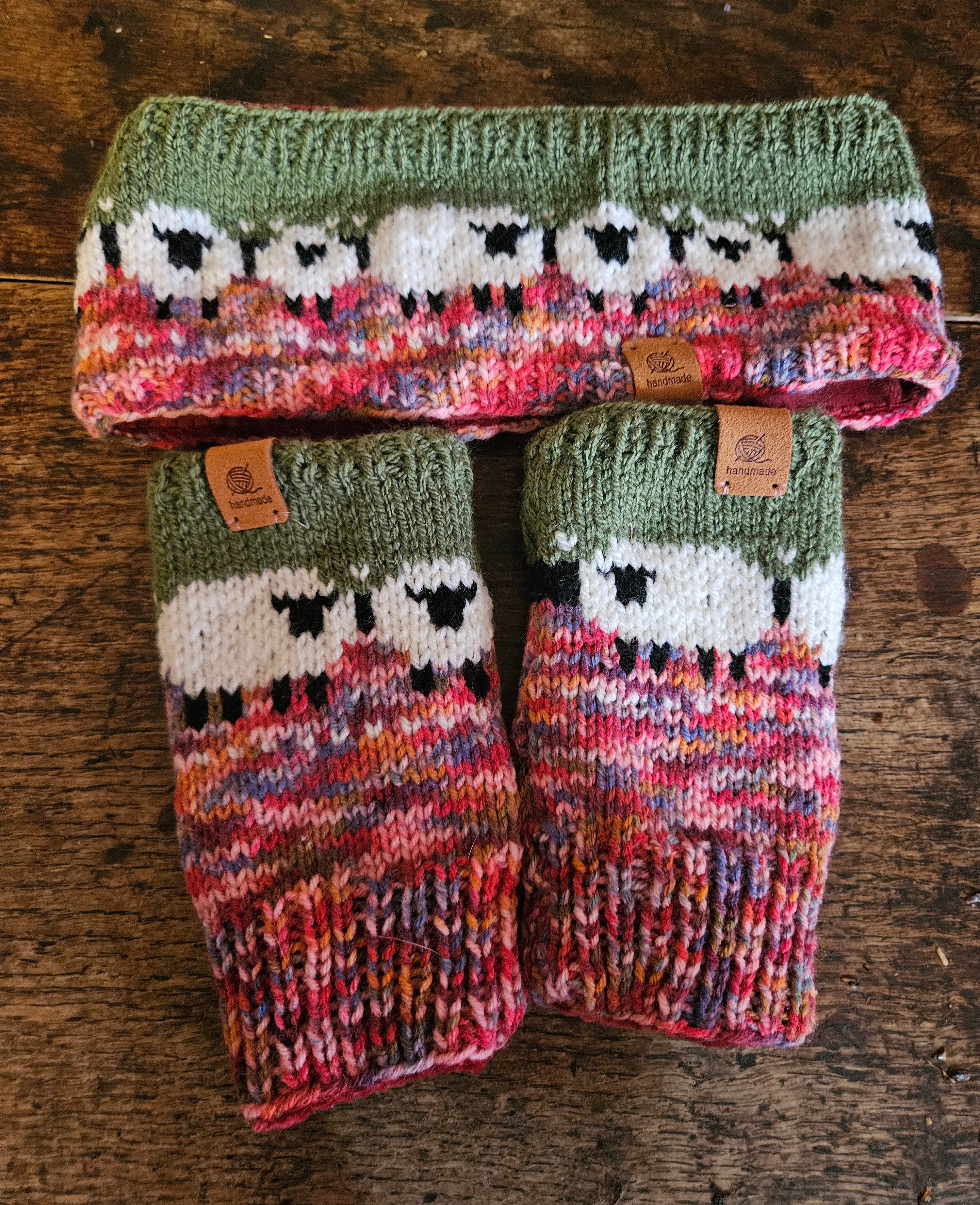 Earwarmer and wrist warmer set with sheep design. Fully lined