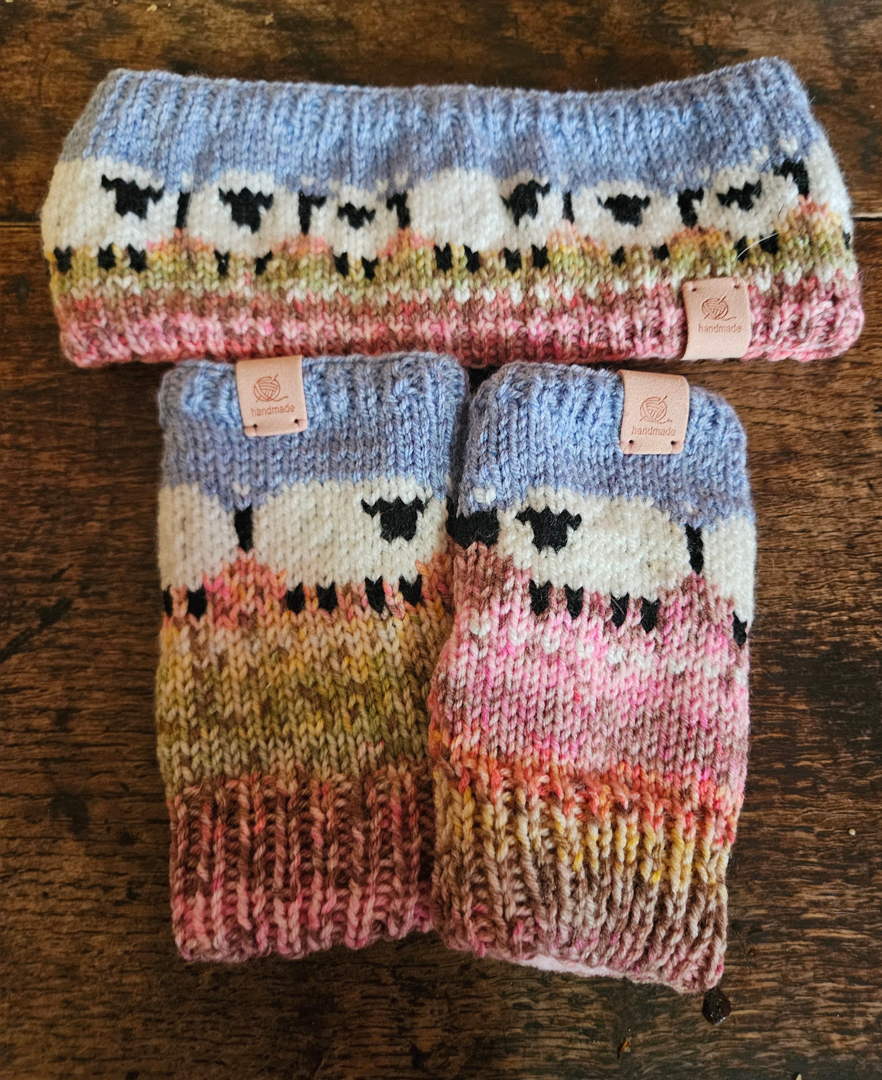 Earwarmer and wrist warmer set with sheep design. Fully lined