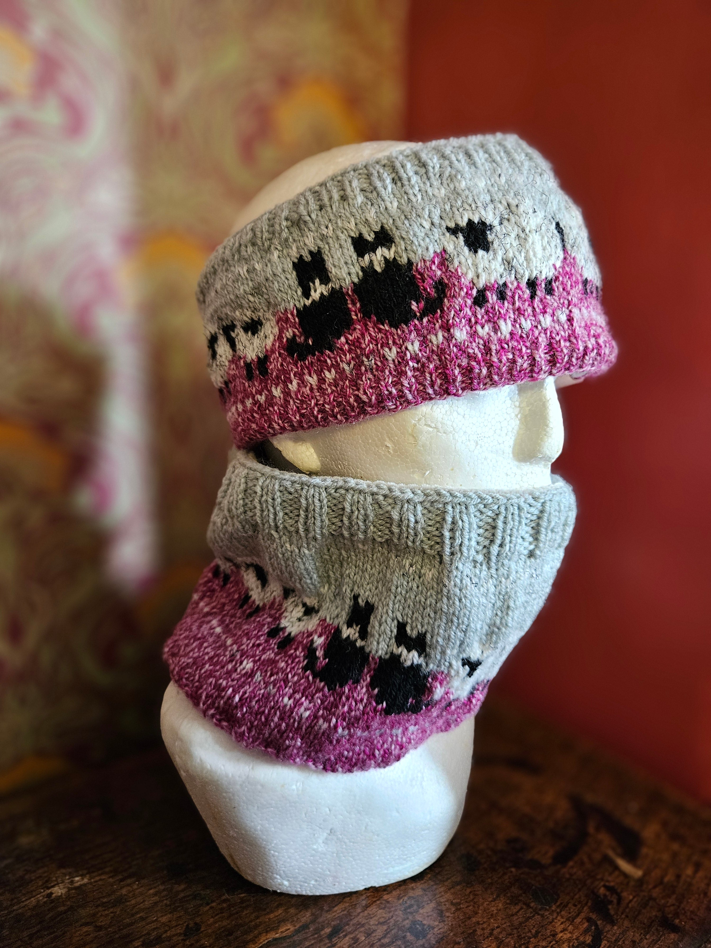 Earwarmer and cowl set with sheep and collie design.