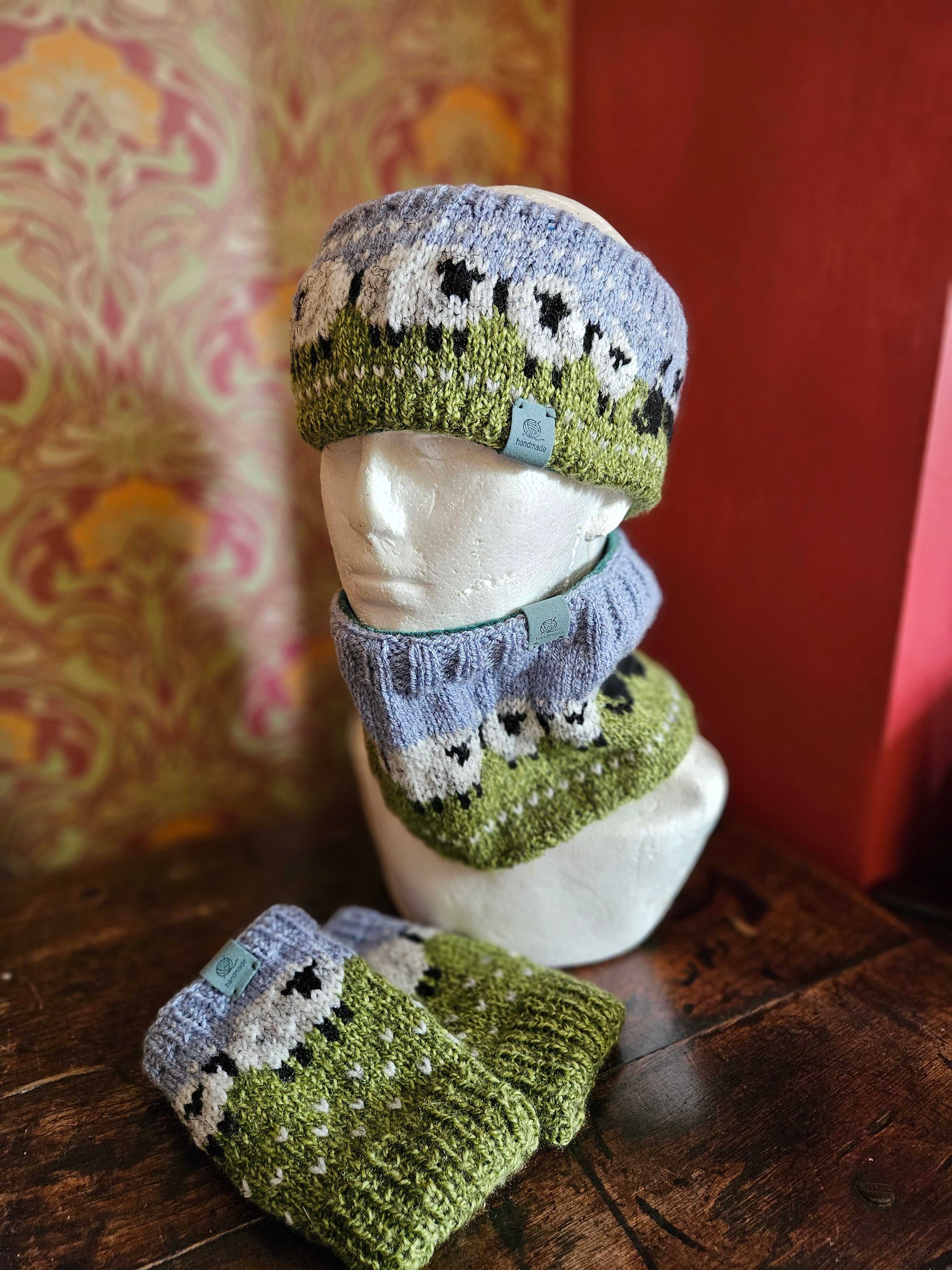 Earwarmer, cowl and wrist warmer set with sheep and collies.