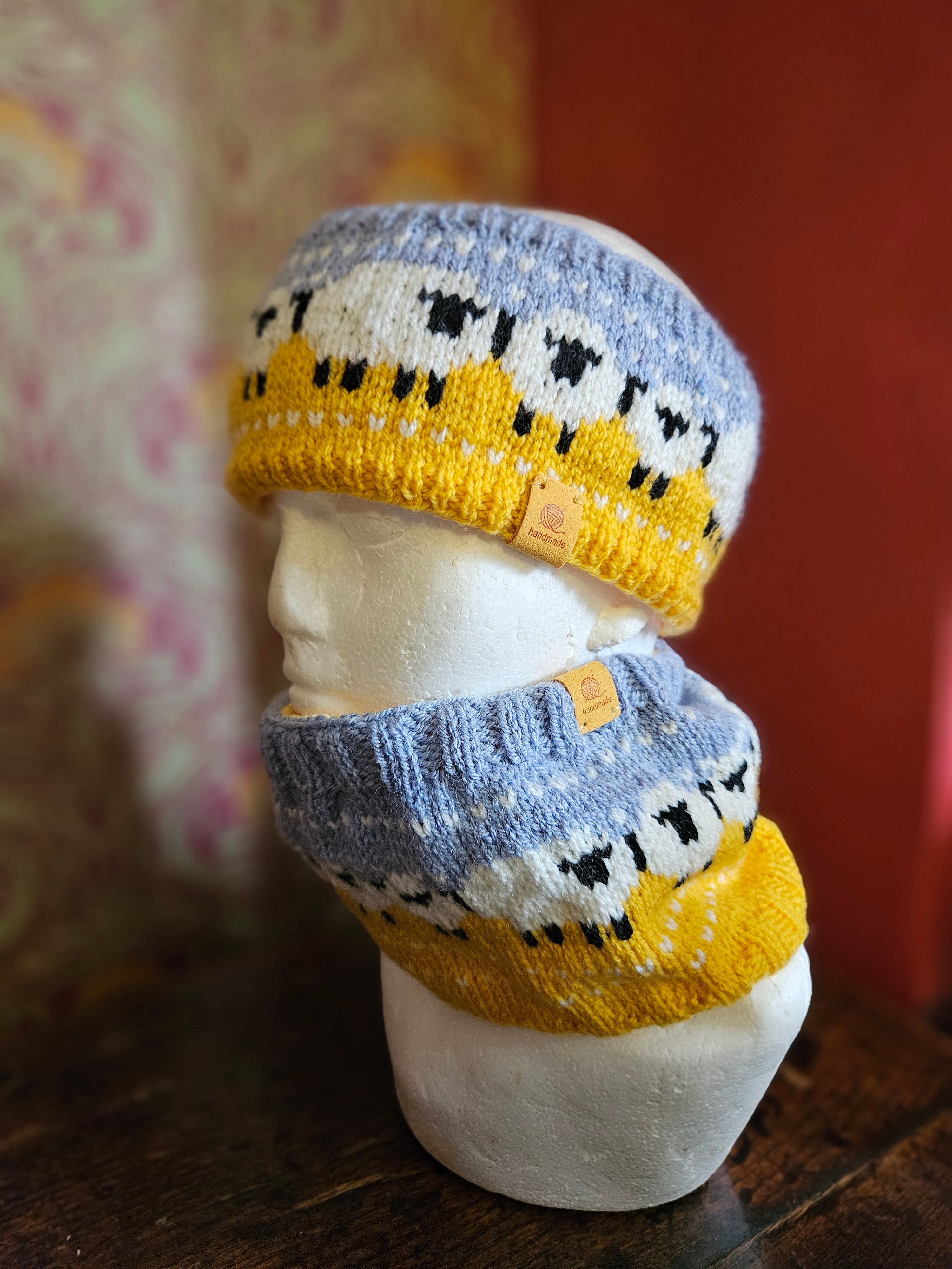 Earwarmer and cowl set with sheep design.
