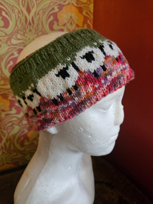 Earwarmer and wrist warmer set with sheep design. Fully lined