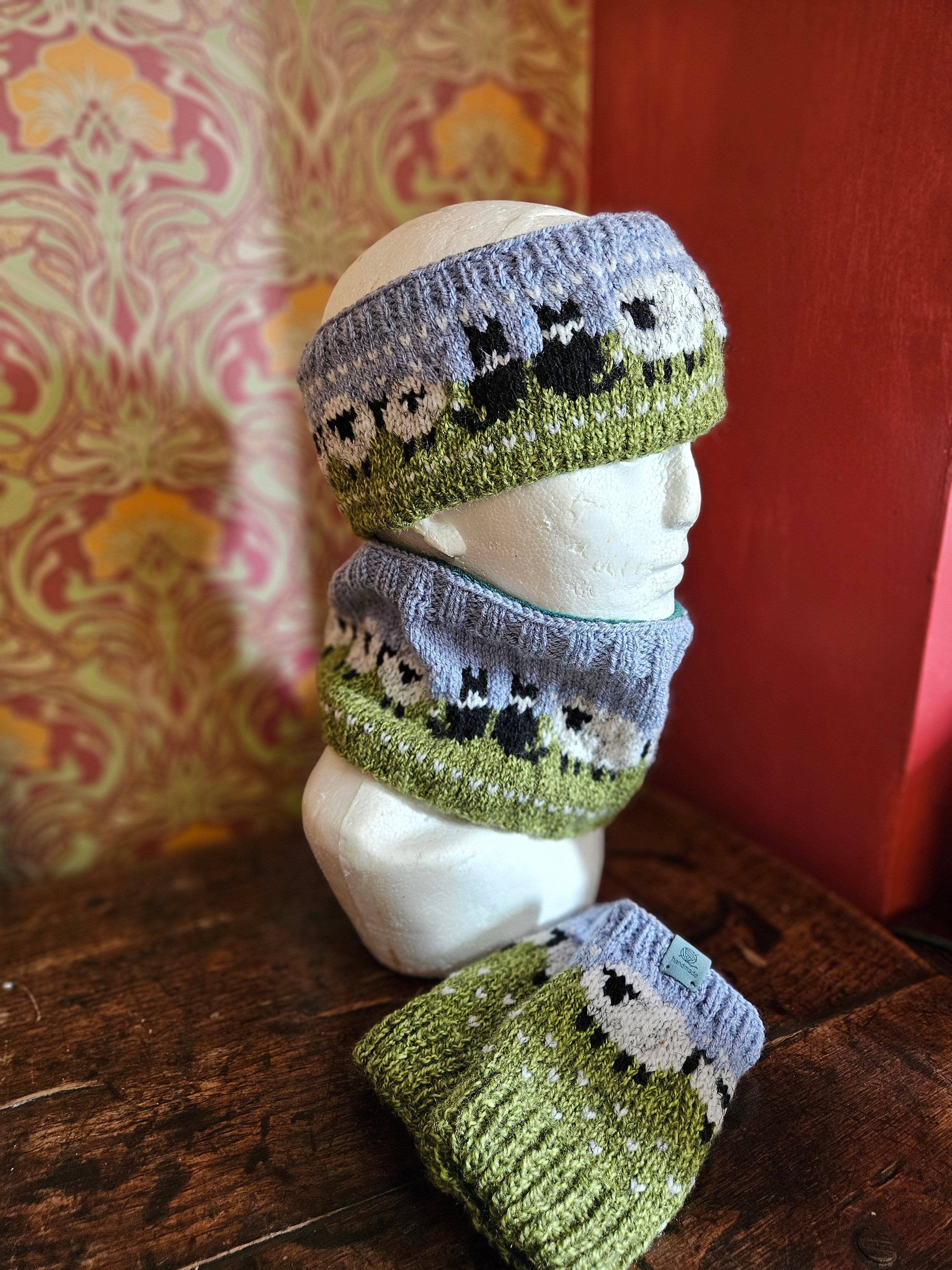 Earwarmer, cowl and wrist warmer set with sheep and collies.