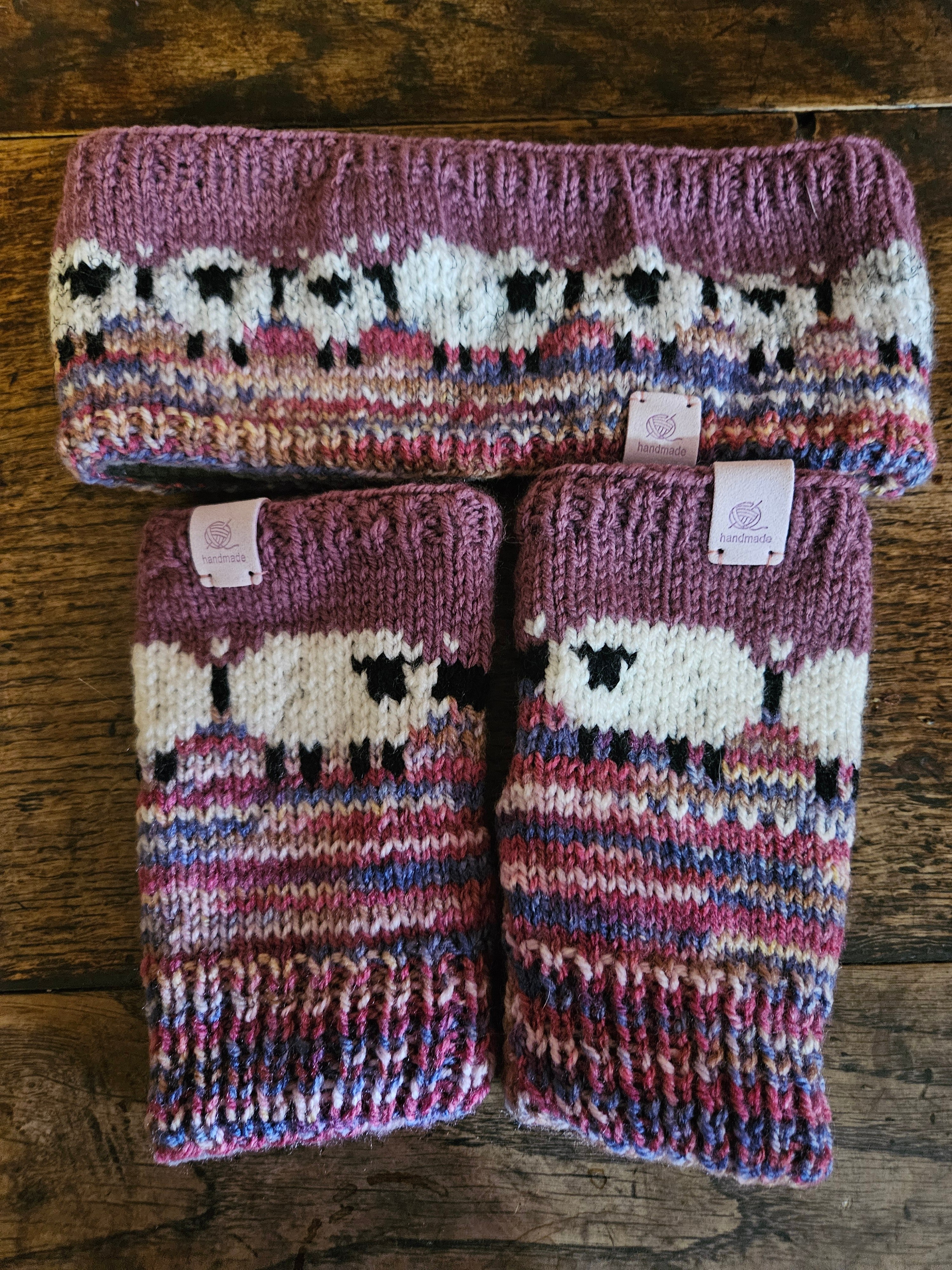 Earwarmer and wrist warmer set with sheep design. Fully lined